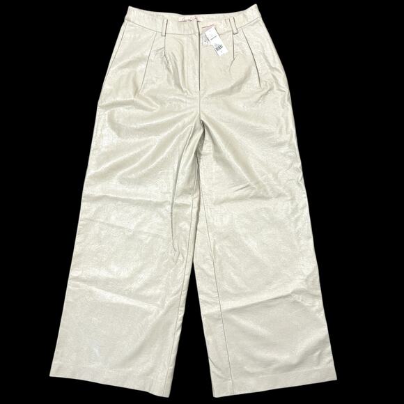 Anthropologie Hutch Wide-Leg Faux Leather Pants Sz 8 Pearl Cream Pleated NEW! - Picture 2 of 12